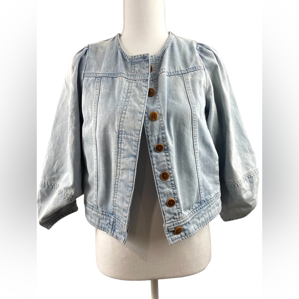 Ulla Johnson Light Wash Denim Cotton Jacket Collarless Puff Sleeve Boho Eclectic - Picture 7 of 9